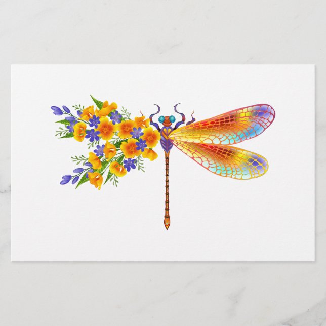 Yellow Flower Dragonfly Stationery (Front)