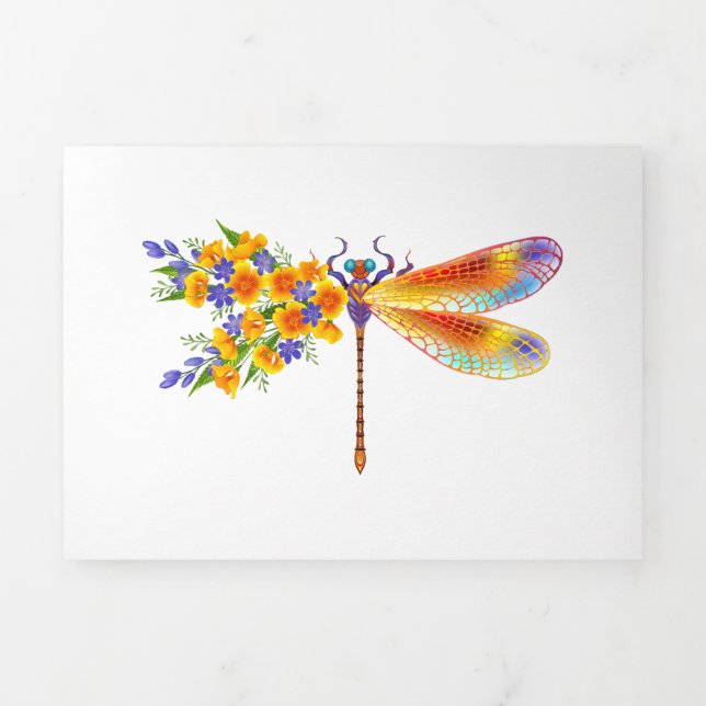 Yellow Flower Dragonfly Tri-Fold Holiday Card (Cover)