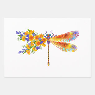 Yellow Flower Dragonfly Wrapping Paper Sheet