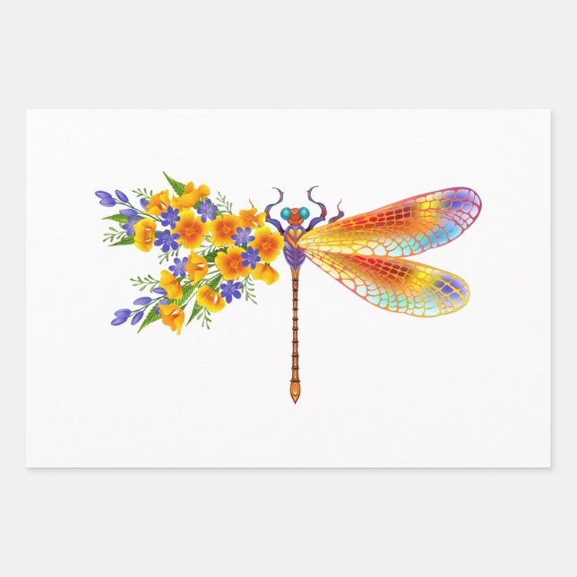 Yellow Flower Dragonfly Wrapping Paper Sheet (Front)