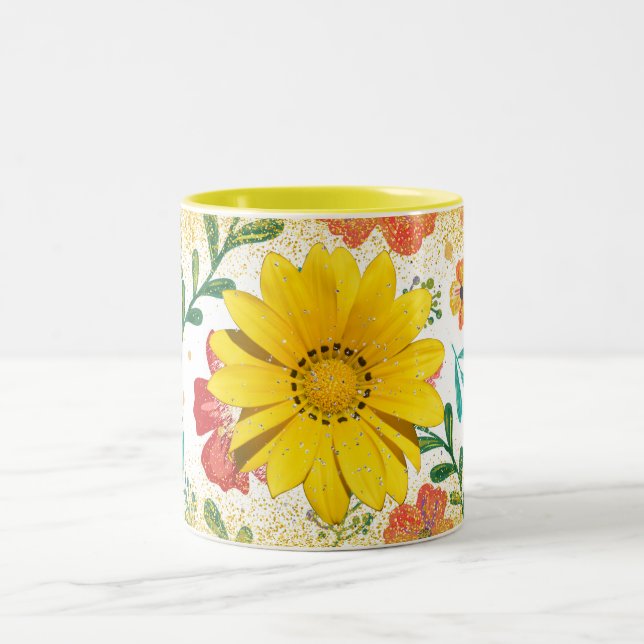 yellow Flower Glitter Mug , Floral Sparkle Aesthet (Center)