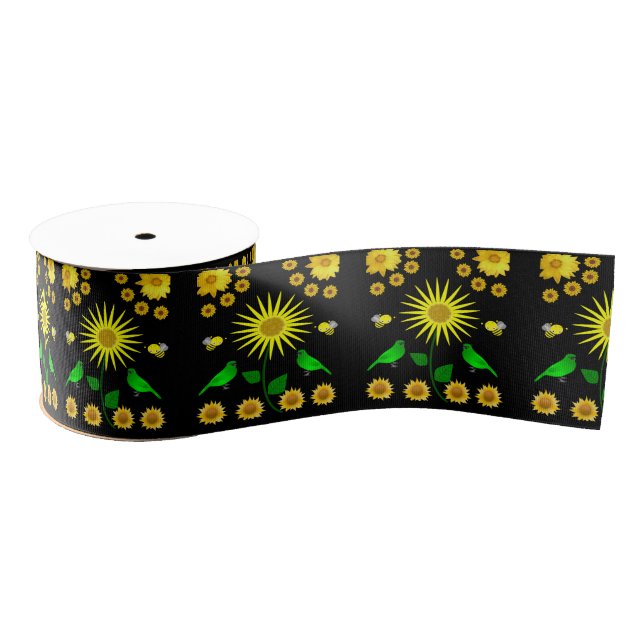 yellow flower green bird ribbon grosgrain ribbon (Spool)