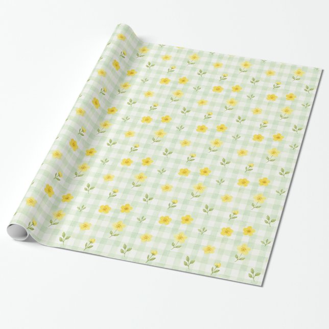 Yellow Flower Green Gingham Watercolor Gift Wrap (Unrolled)
