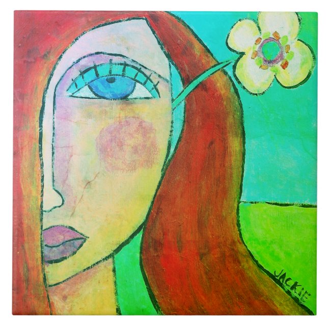 Yellow Flower in Her Hair Abstract Portrait  Tile (Front)