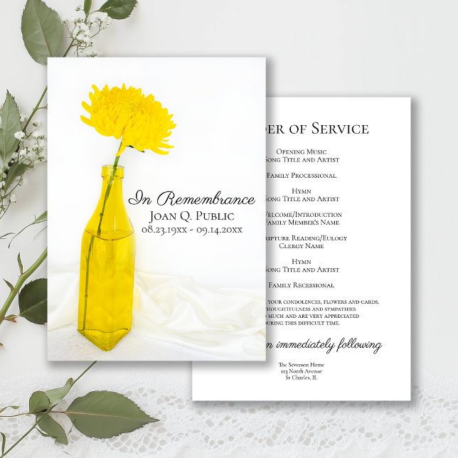 Yellow Flower in Vase Funeral Memorial Service Programme (Creator Uploaded)