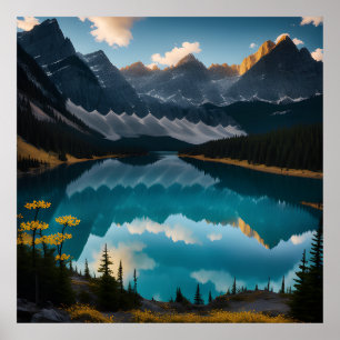 Yellow Flower Lake Mountain Landscape Poster