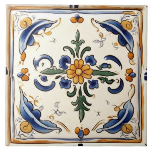 Yellow Flower Mediterranean Blue Cream Floral Tile