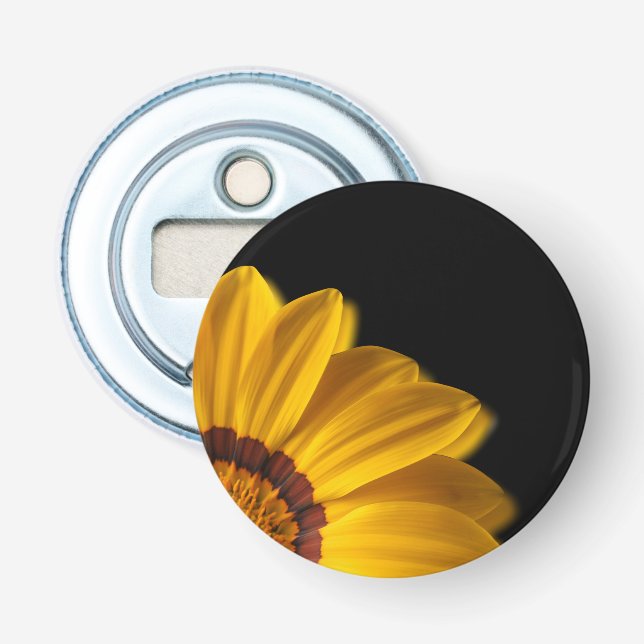 Yellow flower on  black background bottle opener (Front)