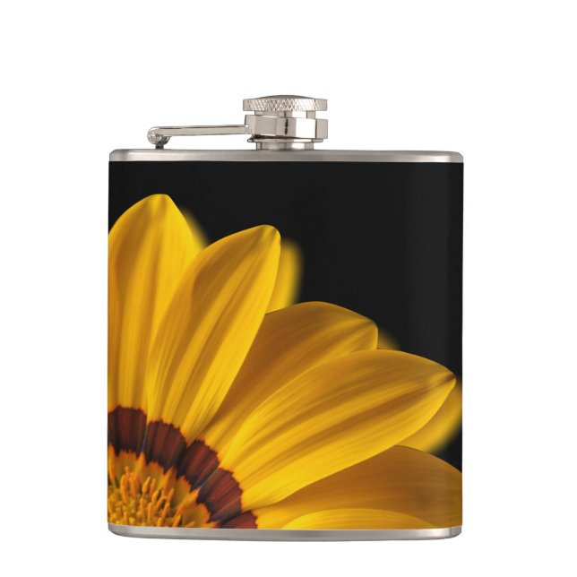 Yellow flower on  black background hip flask (Front)