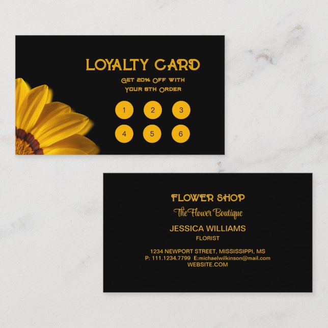 Yellow flower on  black background loyalty card (Front/Back)
