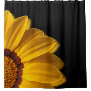 Yellow flower on black background shower curtain