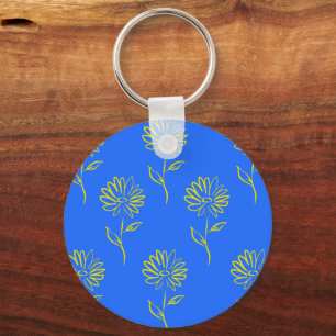 Yellow Flower Outline In A Blue Background Key Ring