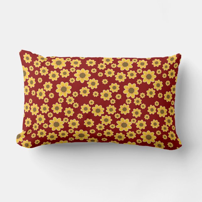 Yellow Flower Pattern on Red Background - Floral Lumbar Cushion (Front)
