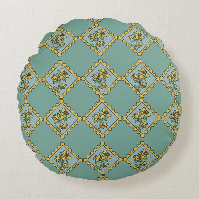 Yellow flower stamp pattern round cushion (Front)