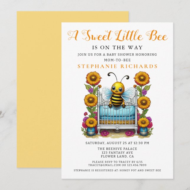 Yellow Flower Sweet Little Bee Crib Baby Shower  Invitation (Front/Back)