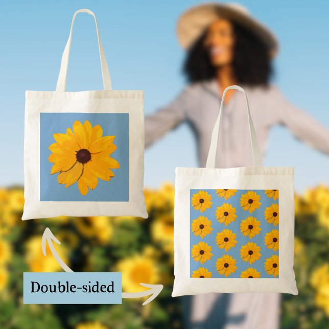 Yellow Flower with Blue Background Tote Bag (Beautiful yellow flowers from my real nature photography make this fall tote one of a kind!)