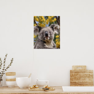 Yellow Flowering Wattle Tree With A Koala, Poster