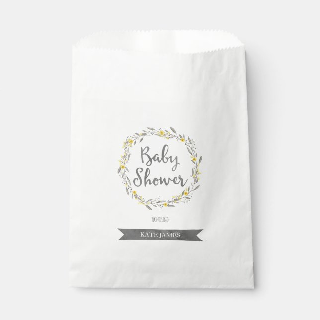 Yellow Flowers and Grey Leaves Wreath Baby Shower Favour Bags (Front)