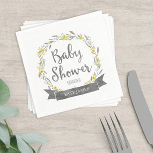 Yellow Flowers and Grey Leaves Wreath Baby Shower Napkin