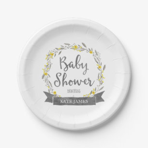 Yellow Flowers and Grey Leaves Wreath Baby Shower Paper Plate