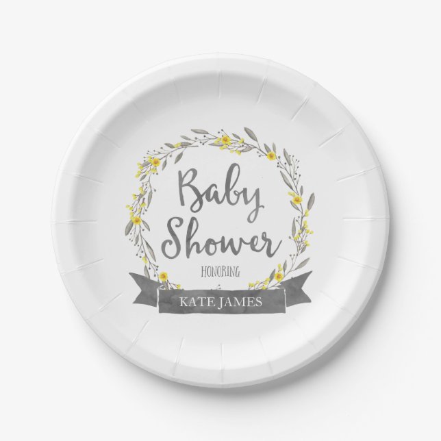 Yellow Flowers and Grey Leaves Wreath Baby Shower Paper Plate (Front)