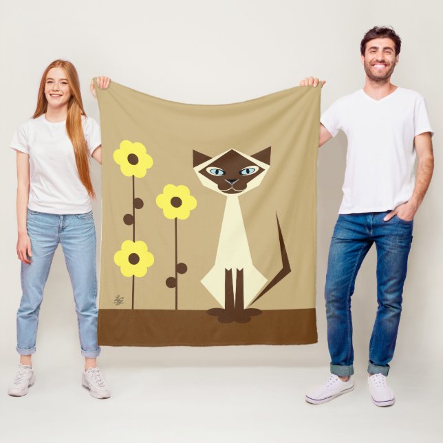 Yellow Flowers and Siamese Cat Fleece Blanket (In Situ)