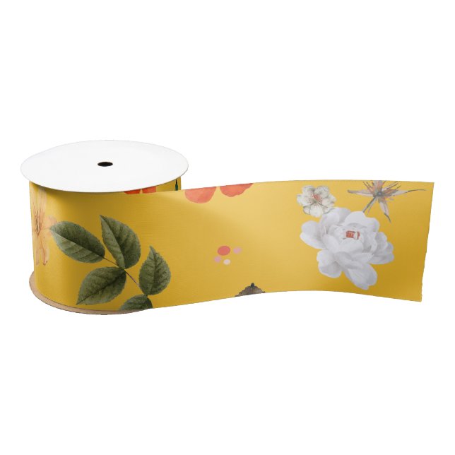 Yellow Flowers and White Roses 10 Satin Ribbon (Spool)