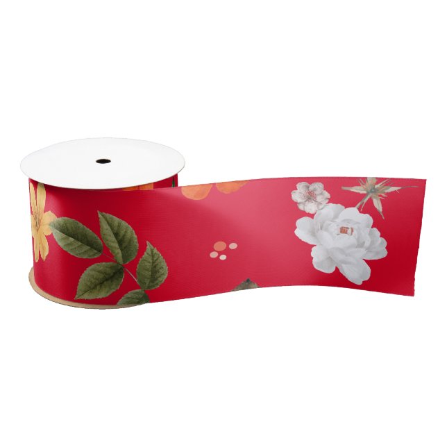 Yellow Flowers and White Roses 13 Satin Ribbon (Spool)
