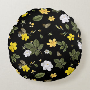 Yellow Flowers and White Roses 2 Round Cushion