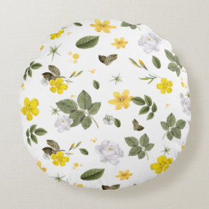 Yellow Flowers and White Roses 3 Round Cushion