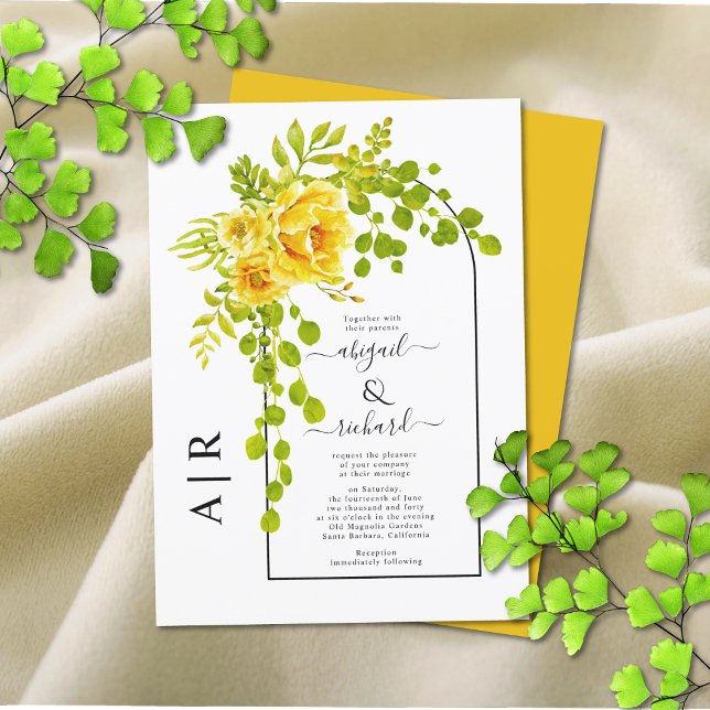 Yellow flowers, arch and monogram fall wedding invitation (Creator Uploaded)