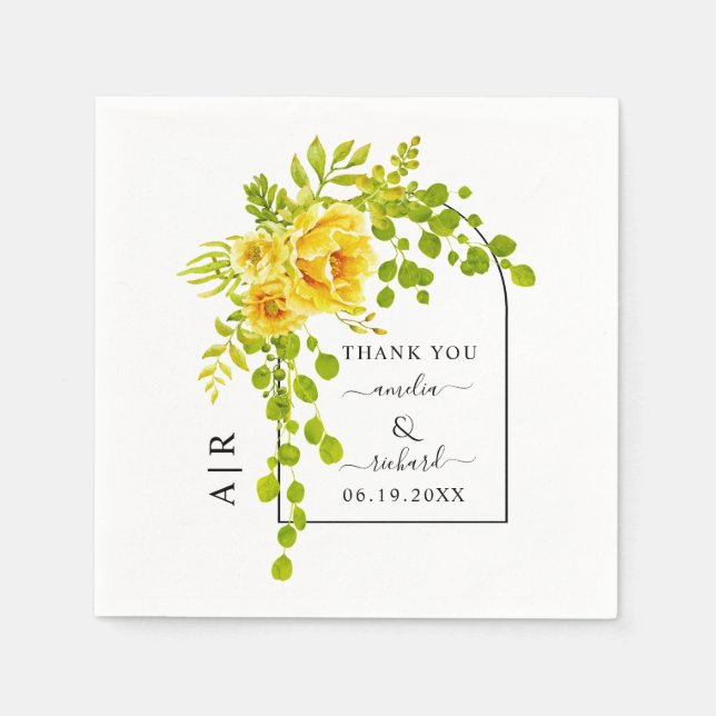 Yellow flowers, arch and monogram fall wedding napkin (Front)