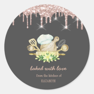 Yellow Flowers Bakery Tools Rose Gold Drips  Classic Round Sticker