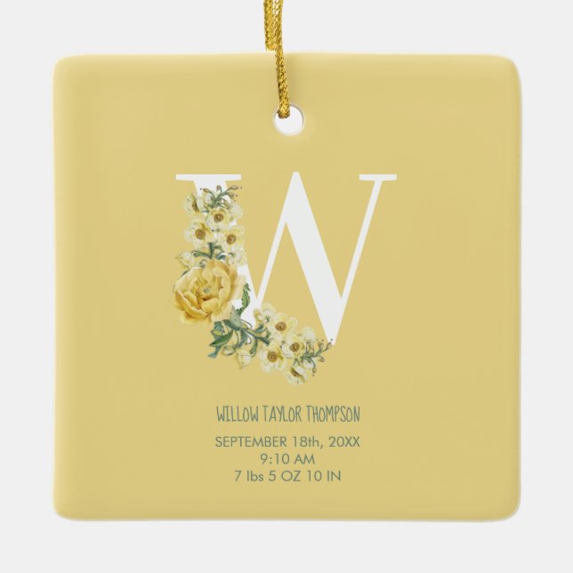 Yellow Flowers Birth Stats Birth Announcement Ceramic Ornament (Front)