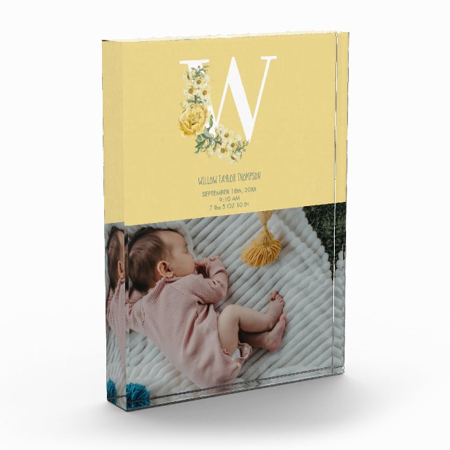 Yellow Flowers Birth Stats Birth Announcement Photo Block (Left)