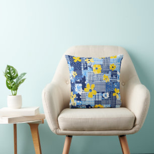 Yellow Flowers Blue Pattern Cushion