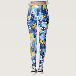 Yellow Flowers Blue Pattern Leggings