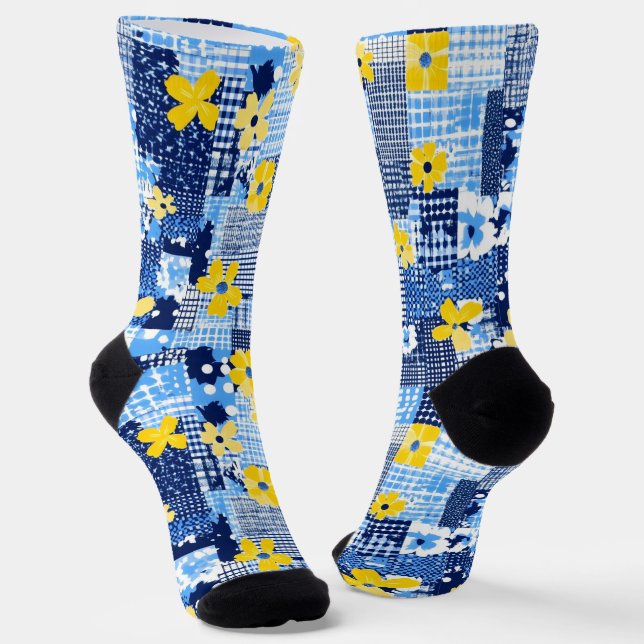 Yellow Flowers Blue Pattern Socks (Angled)