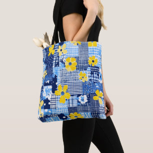 Yellow Flowers Blue Pattern Tote Bag