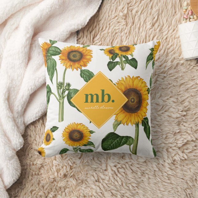 Yellow Flowers Botanical Foliage Greenery Monogram Cushion (Blanket)