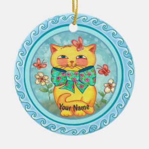 Yellow Flowers cat Ceramic Tree Decoration