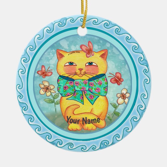 Yellow Flowers cat Ceramic Tree Decoration (Front)