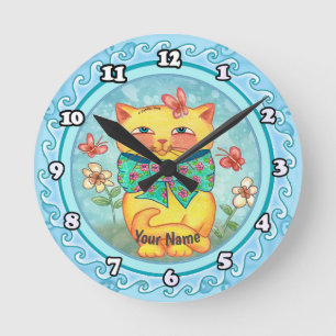 Yellow Flowers cat Round Clock