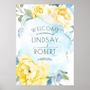 Yellow Flowers Dusty Blue Watercolor Wedding Poster