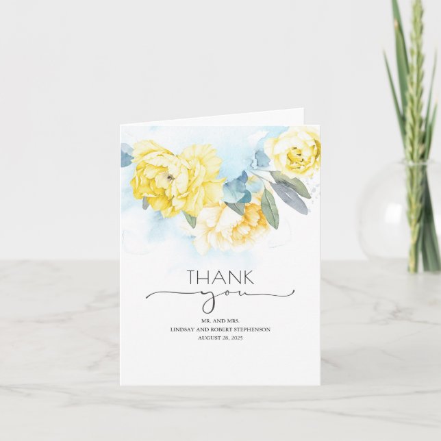 Yellow Flowers Dusty Blue Wedding Thank You Card (Front)