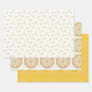 Yellow Flowers Floral Art Gold Designs Wrap Craft  Wrapping Paper Sheet