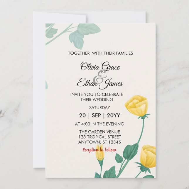 Yellow Flowers Floral Design Wedding  Invitation (Front)