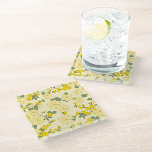 Yellow Flowers, Floral Pattern, Pattern Of Flowers Glass Coaster