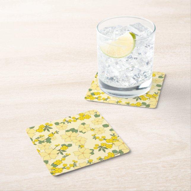 Yellow Flowers, Floral Pattern, Pattern Of Flowers Square Paper Coaster (Insitu)