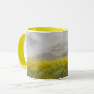 Yellow Flowers Foggy Mountains Art Mug